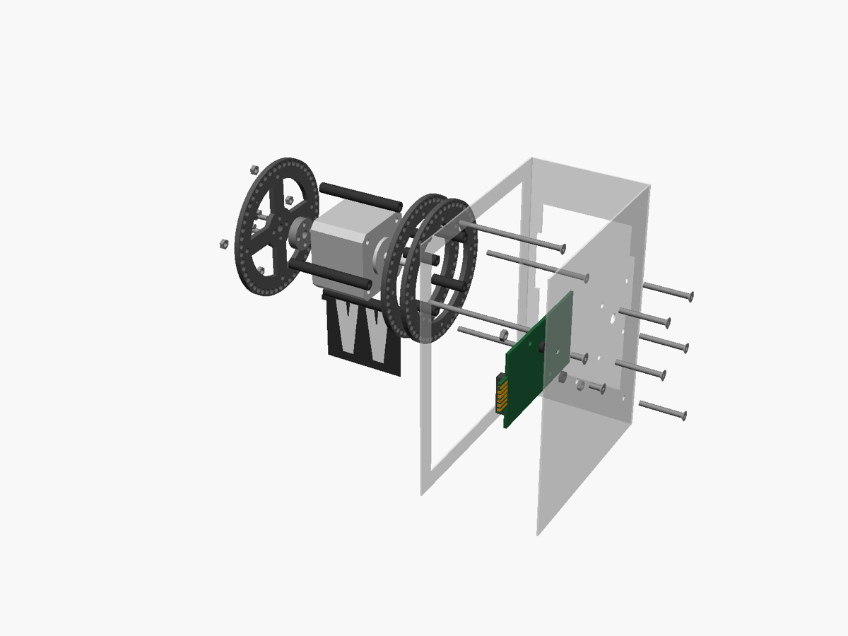 Split-flap modülünün CAD patlatma görünümü